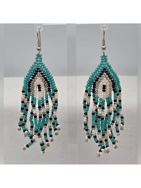 Handmade Multicolor Beaded Fringe Teal, White Silver & Black Earrings